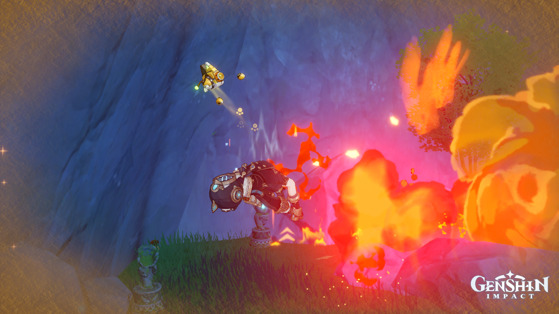 an accidental screenshot of the Genshin Impact character Freminet, who got hit with an exploding Pyro Slime
