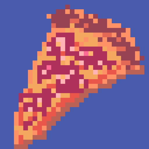 Pixel art of a pepperoni pizza slice. There is a blue background.