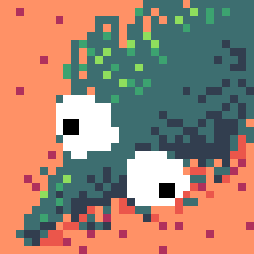Pixel art of the head of a worm on a string with the googly eyes. Orange background.